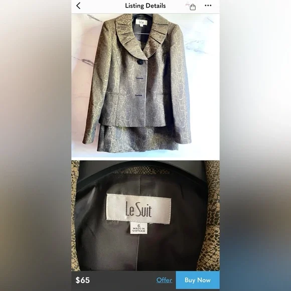 Le Suit size 12 Golden Bronze and Black, Snake Skin print skirt suit. - Picture 6 of 6